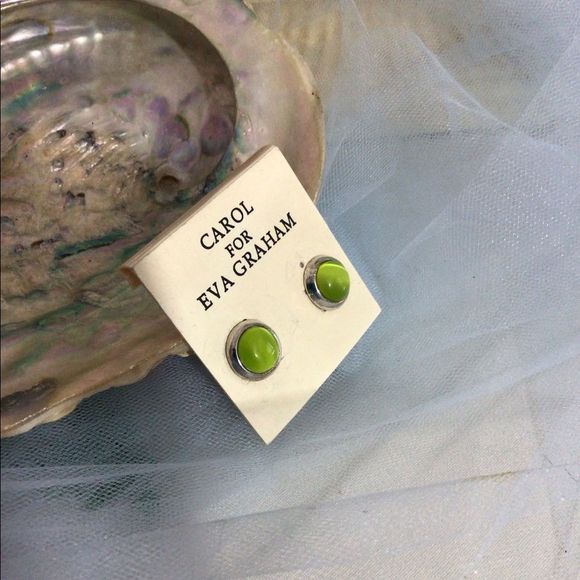 Vintage Carol For Eva Graham Stud Pierced Earrings Silver & Green Round - Picture 6 of 13